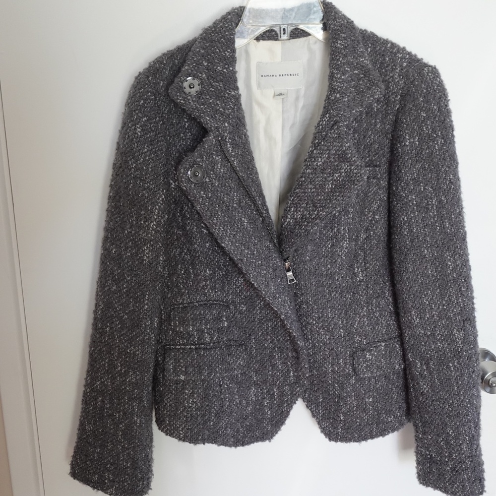 Banana Republic Boucle Zip Gray Jacket Wool Blend Size 12 Old Money Classic